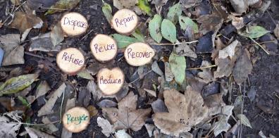 Pieces of tree trunk with the waste hierarchy written on them